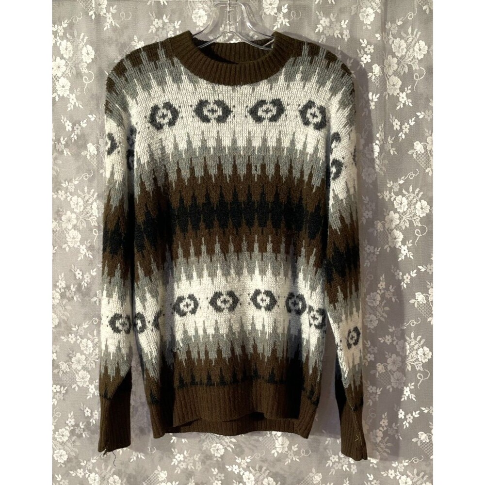 Vintage 60s Campus Sweater  Mens Size Medium Brown Cream Nordic Fair Isle Ski